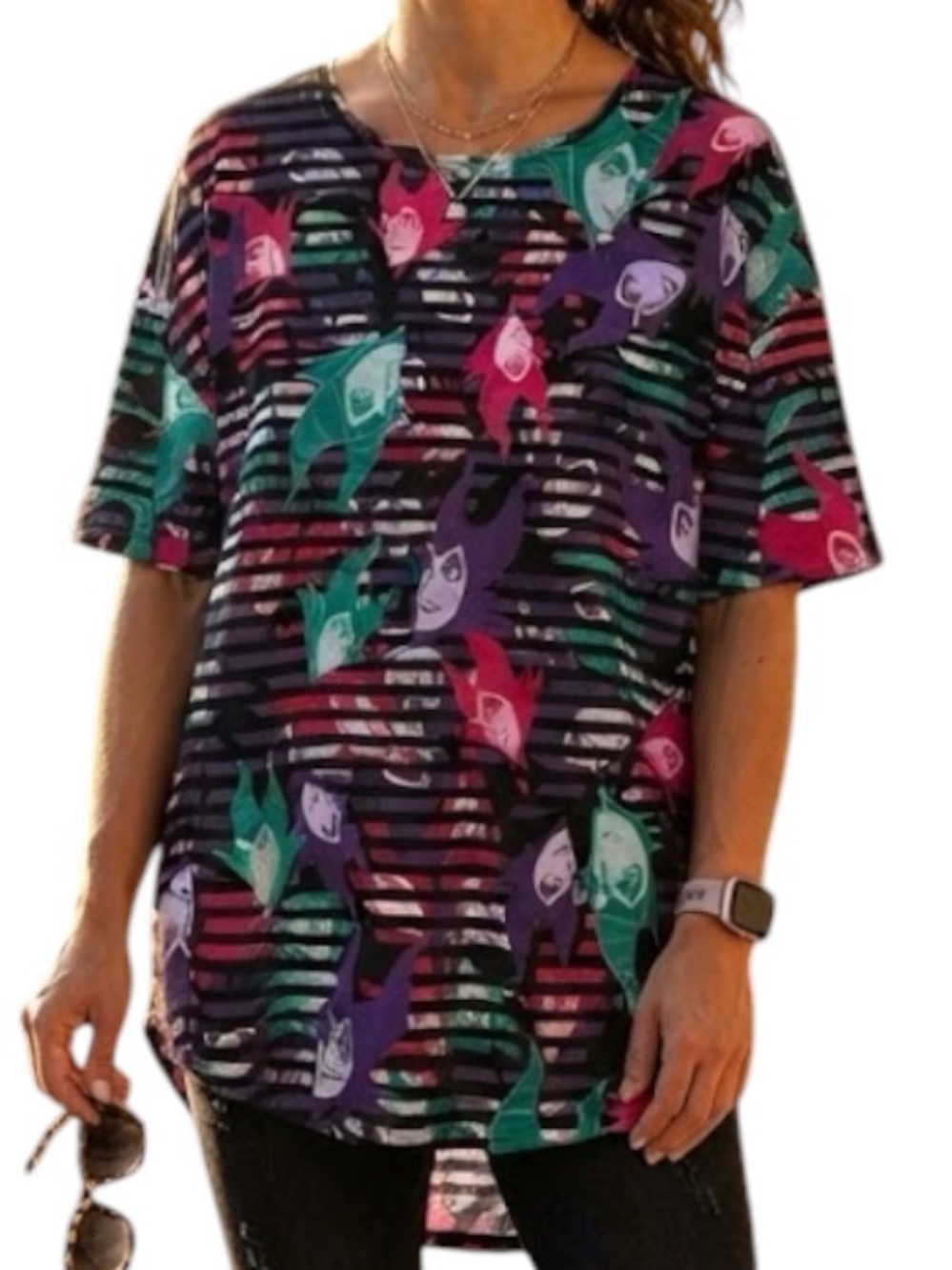 LULAROE Disney Villains Maleficent Stripe Hi Lo Tunic Top Whimsigoth Purple L